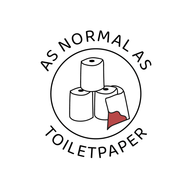 As normal as toiletpaper, tre stycken illustrerade toalettpapper med en röd fläck