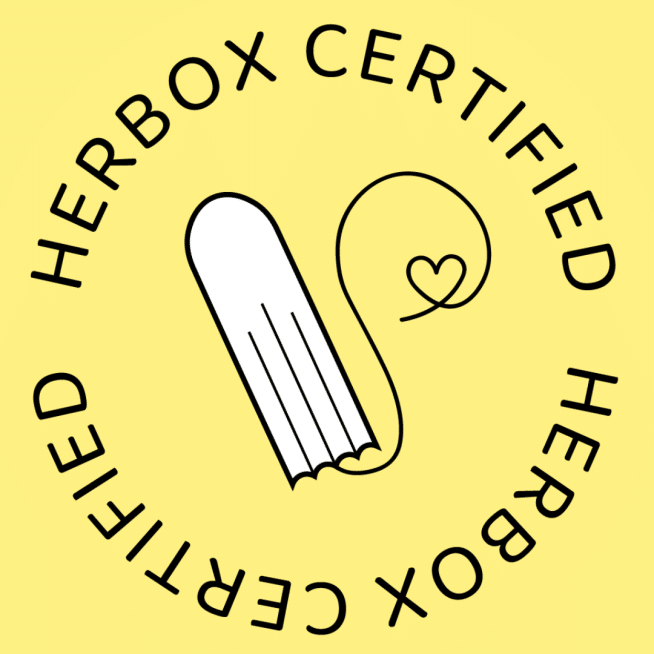 Gul herbox certified logga med tampong i mittenoch text runt om