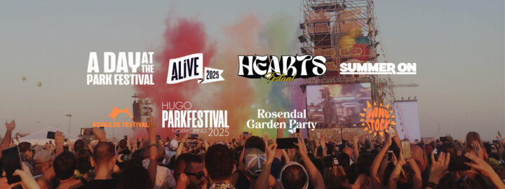 Festivalaffisch med loggor för flera musikfestivaler och erbjudande om gratis mensskydd sommaren 2025.