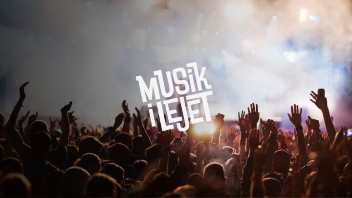 Skare af mennesker med hævede hænder på koncert. Tekst: "Musik i Lejet". Lys og røg baggrund.