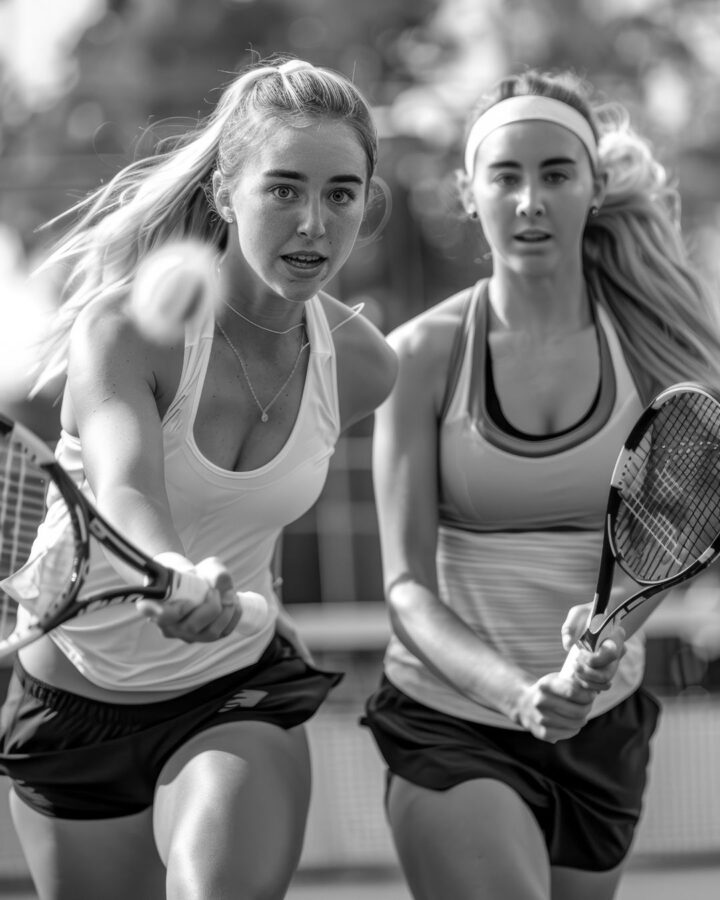 To kvinder spiller tennis i sort-hvid. De fokuserer intenst på en bold i luften.