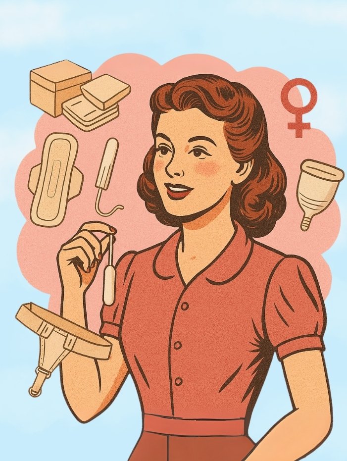 Kvinna omgiven av mensskydd: tamponger, bindor, menskopp och byxor på en illustrerad bakgrund.